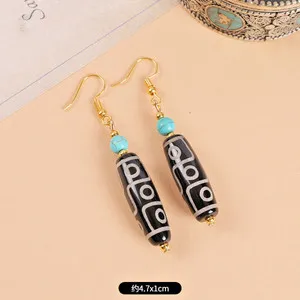 Authentic Black Agate 9 Eye Dzi Bead Dangle Earrings Turquoise Stone Gold Plated Hook Ethn