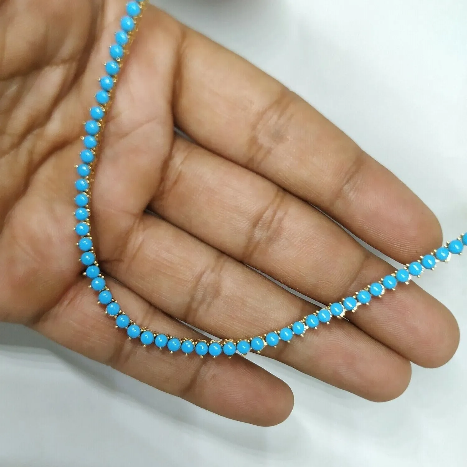 Authentic 7CT Lab Created Turquoise 3Prong Tennis Necklace 14K Yellow Gold Plated