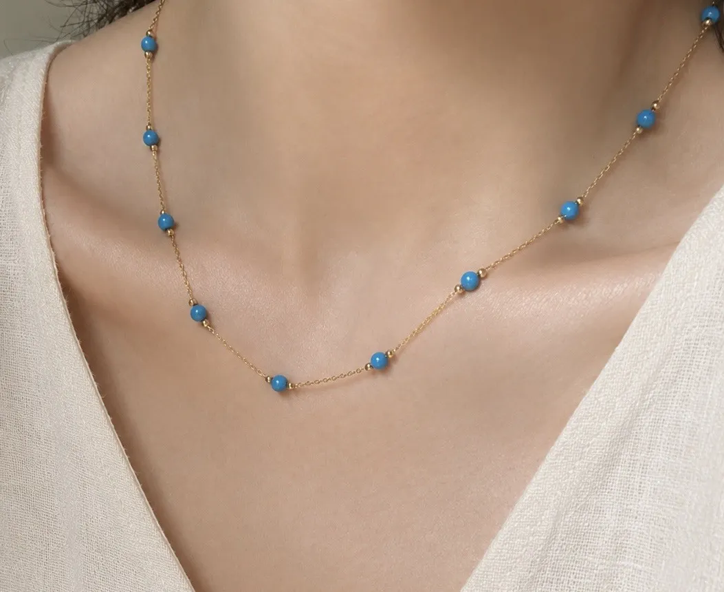 Authentic Turquoise Station Choker Necklace 3mm Bead 18K Gold Plated Layering 40+5cm