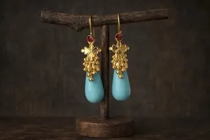 Authentic Turquoise Museum Teardrop Earrings Corinthian Garnet Gold Plated VTG CZ Boho