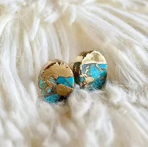 Authentic Handmade Genuine Turquoise Stone Stud Earrings Blue Gemstone Gold Plated Earring