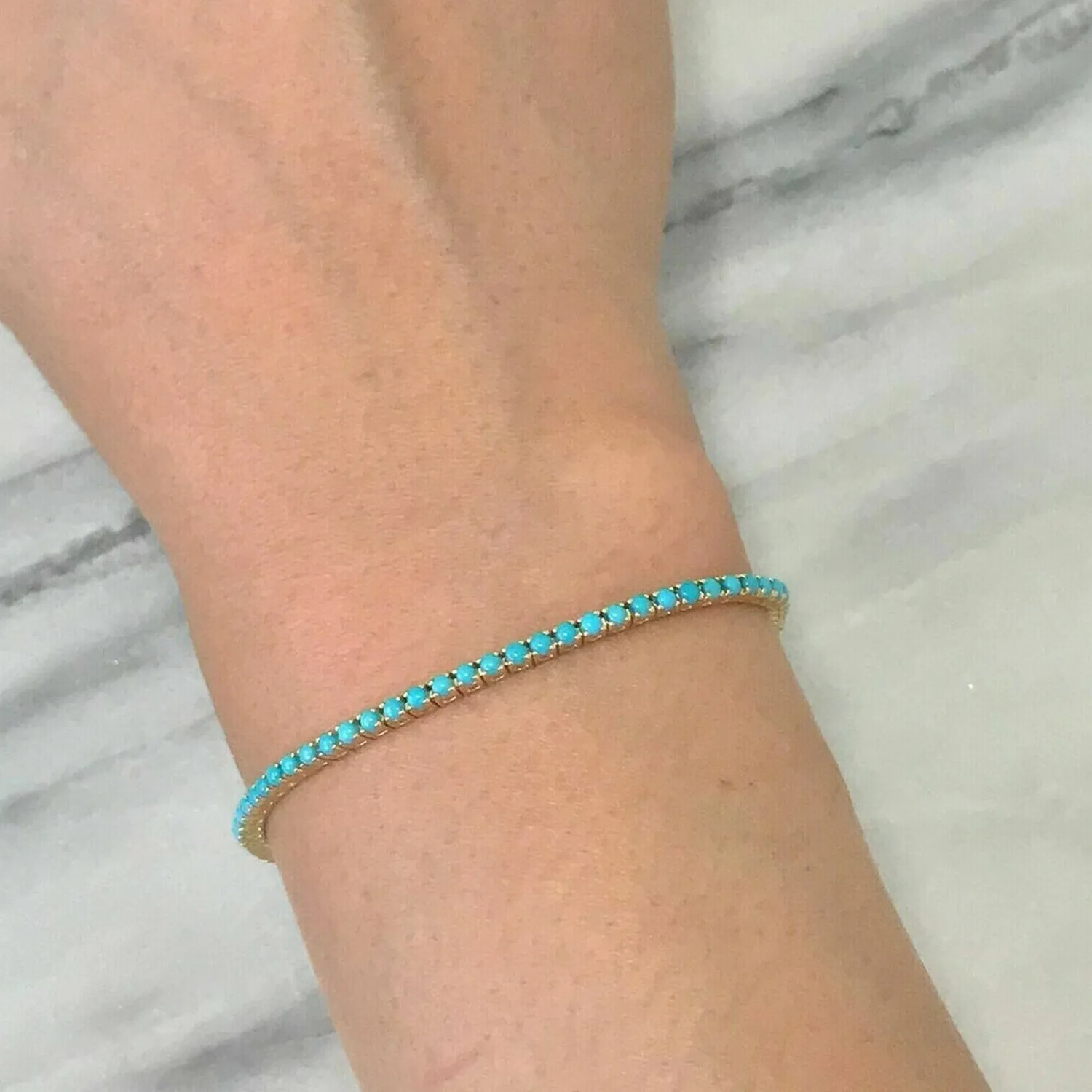 Authentic 6 Ct Round Cut Lab Created Turquoise Tennis Bracelet 7.5" 14k Yellow Gold Plated