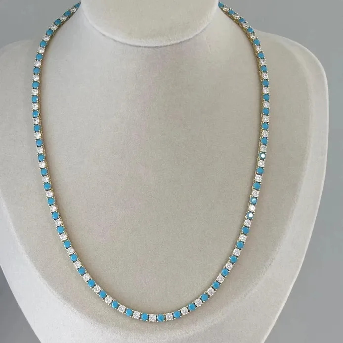 Authentic 4mm Turquoise & Diamonds Tennis Necklace CZ 14K Yellow Gold Plated Round Cut
