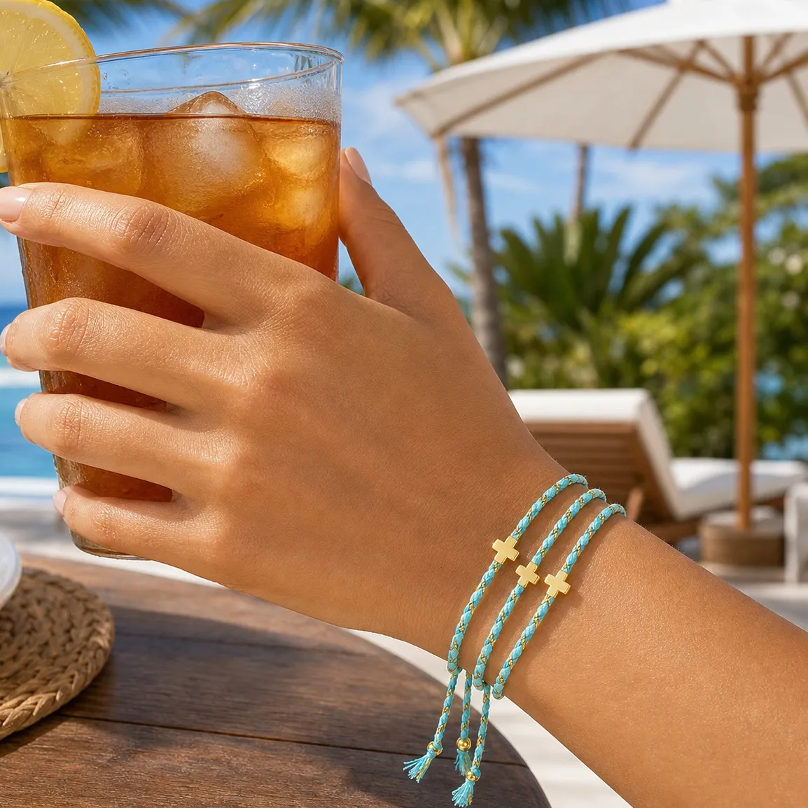 Authentic 3pcs Turquoise Braided Cotton Cord Bracelet with Gold Tone Cross Charm Tie Closure Adjustable Christian Beach Style