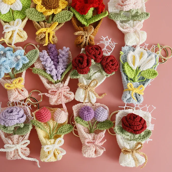 Authentic Exquisite Bouquet Series Crochet Keyrings Wholesale Handmaking Bouquet Keychain For Bag Pendant Knitting Flower Keyrings Custom