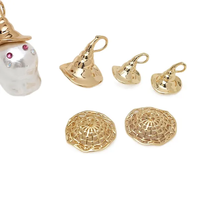 Authentic 2 pieces copper plated real gold rabbit ear Witch Hat pendant DIY hand made jewelry baroque pearl accessories materials