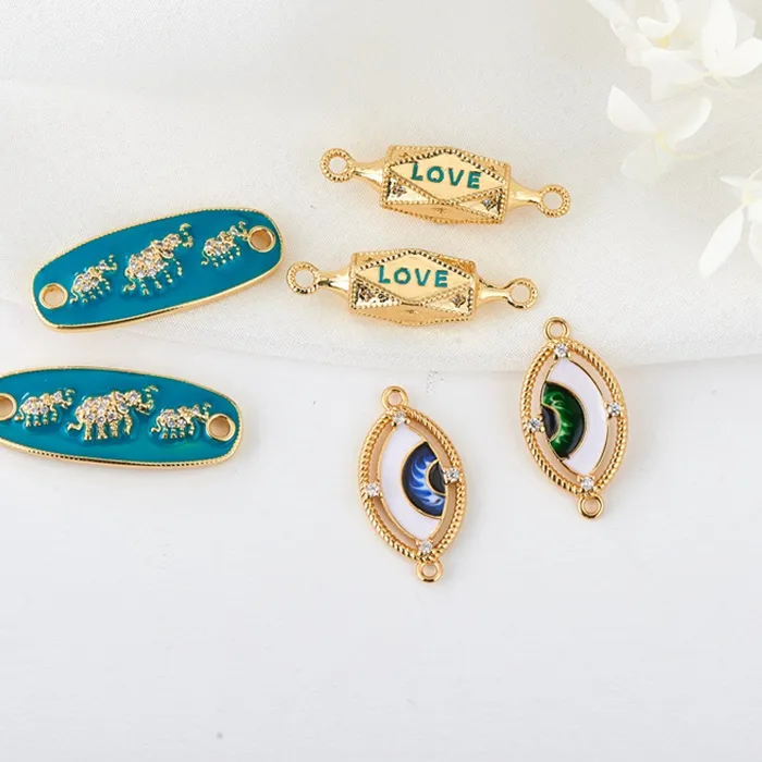 Authentic 2021 New Popular 14K Gold Plated Love Candy / Enamel Blue Rectangle Tags with Elephants / Evil Eye Charms Pendants Connectors
