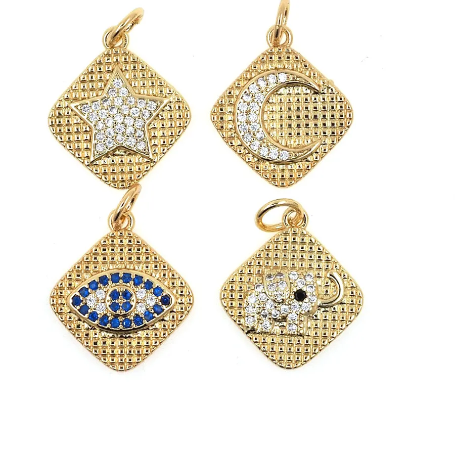 Authentic Charms Square Shape Star Moon Elephant Blue Eye Pendant For Necklace Zircon Gold Plated Necklace Jewelry Accessories For Women
