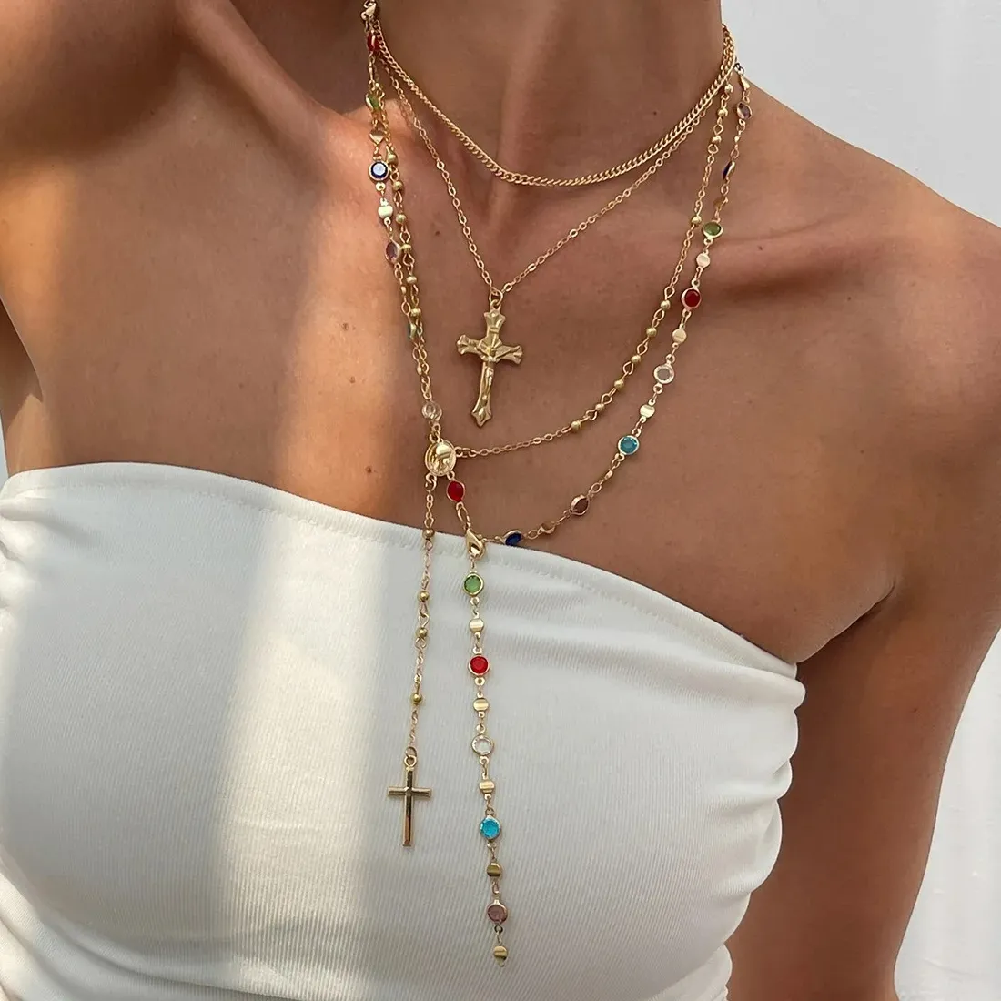 Authentic 1 Set Luxury Rhinestone Cross Pendant Necklace Set for Women Vintage Simple Colorful Crystal Long Y-shaped Y2K Party Jewelry