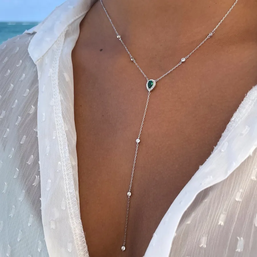 Authentic Stonefans Emerald Green Teardrop Lariat Y Drop Necklace for Women Minimalism Metal Chain Tassel Pendant Choker Clavicle Necklace
