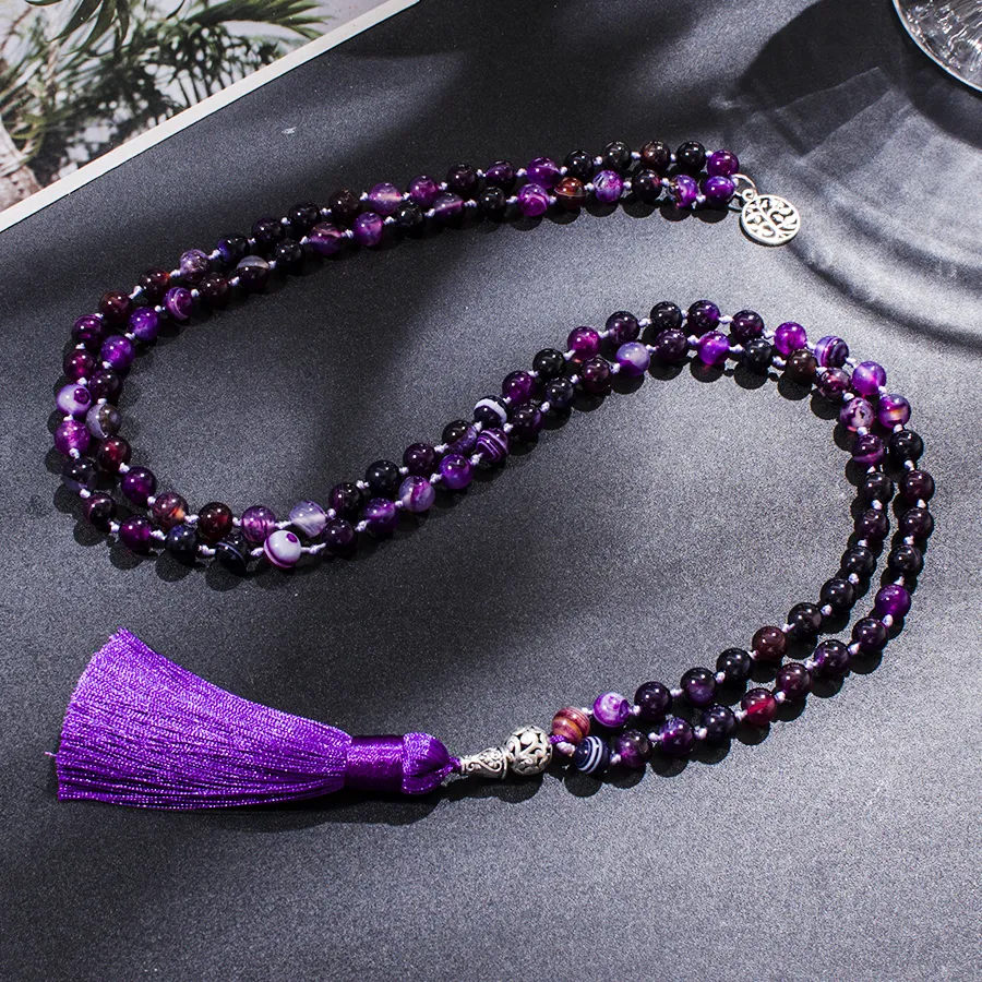 Authentic 8mm Purple Striped Agate Knotted 108 Mala Beaded Necklace Meditation Yoga Prayer Japamala Jewelry with Tassel Rosary