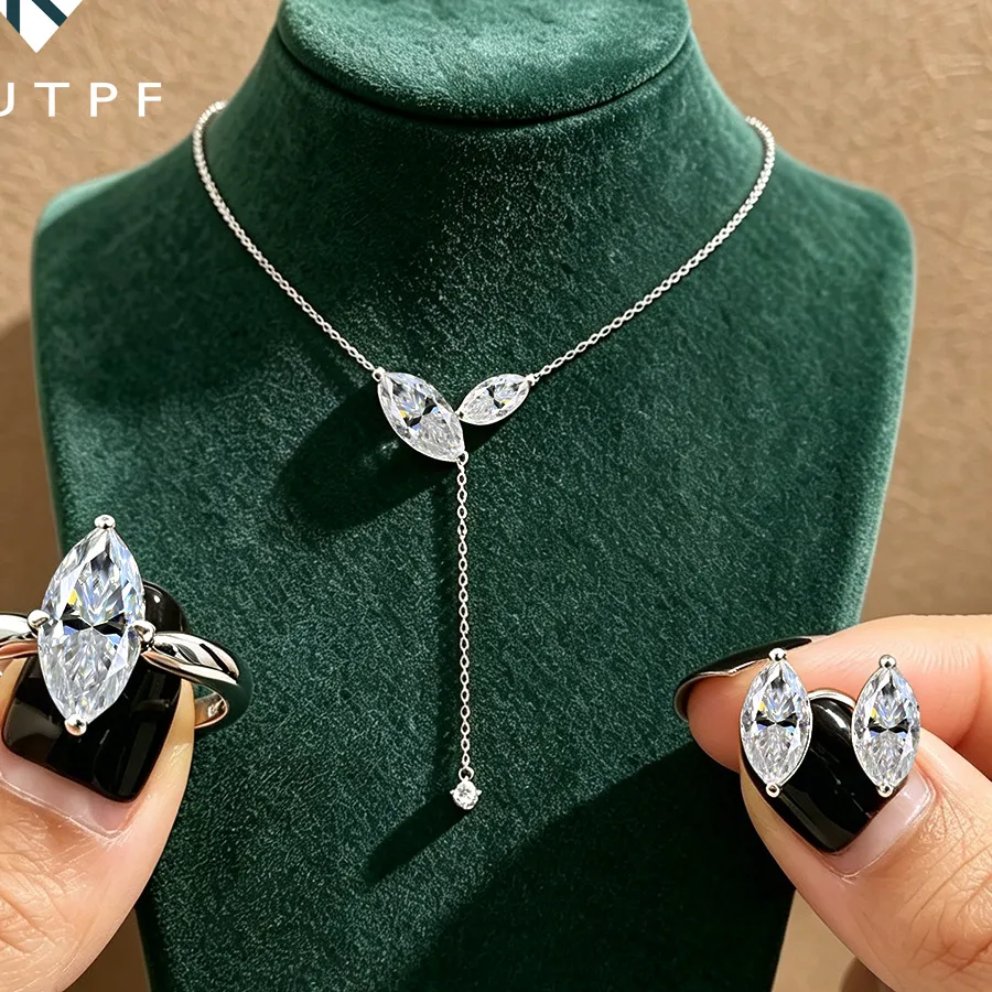 Authentic Marquise Cut Moissanite Jewelry Set For Women Lab Diamond Lariat Pendant Necklace Stud Earring Wedding Ring With Certificate