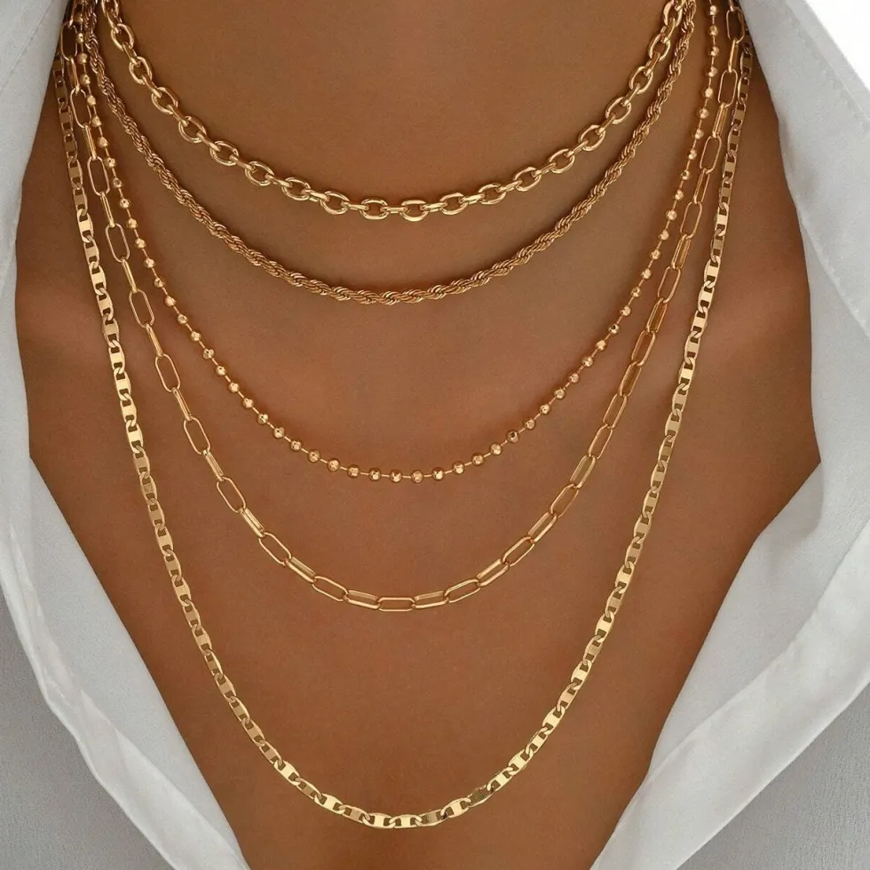 Authentic 5pcs/Set Simple Braided Bead Chain Necklaces, Gold Tone, Layered Pendant Necklace Set For Women Daily And Party Wear
