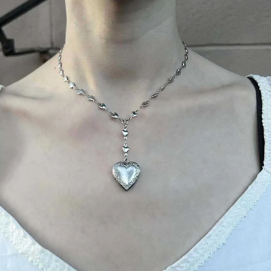 Authentic Rosary Lariat Chain Necklace with Heart Locket Pendant • Dainty Vintage Silver Plated Jewelry