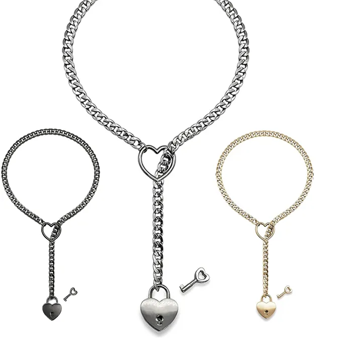 Authentic Slip Chain Heart O-Ring Necklace Punk Rock Cuban Long Necklace Jewelry for Women Lariat Y-Necklace Heart Locker With Key