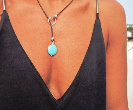 Authentic turquoise leather necklace lariat necklace y shapped necklace turquoise jewelry