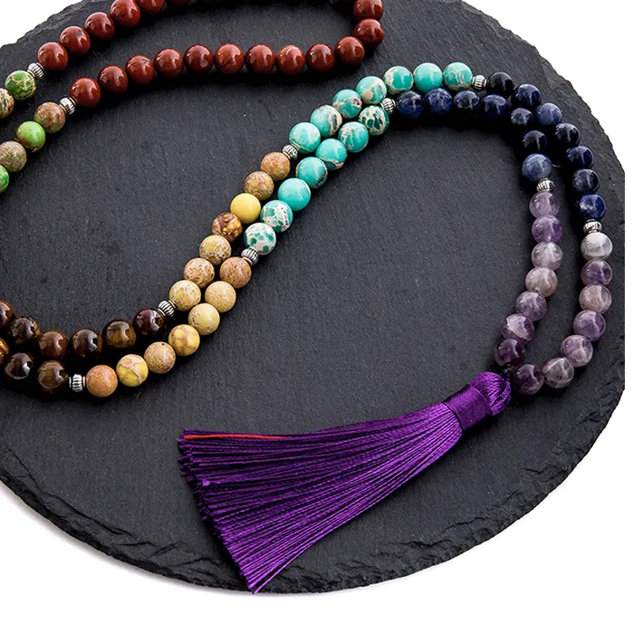 Authentic 8Mm Natural Stone 7 Chakra Necklace Meditation Yoga Peace Spirit Jewelry 108 Japamala Beaded Rosary Tassel Pendant