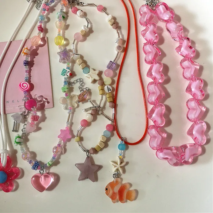 Authentic Y2K Pink Acrylic Flower Star Tassel Pendant Beaded Choker Necklace Egirl Heart Chain Aesthetic 2000s Jewelry EMO Accessories