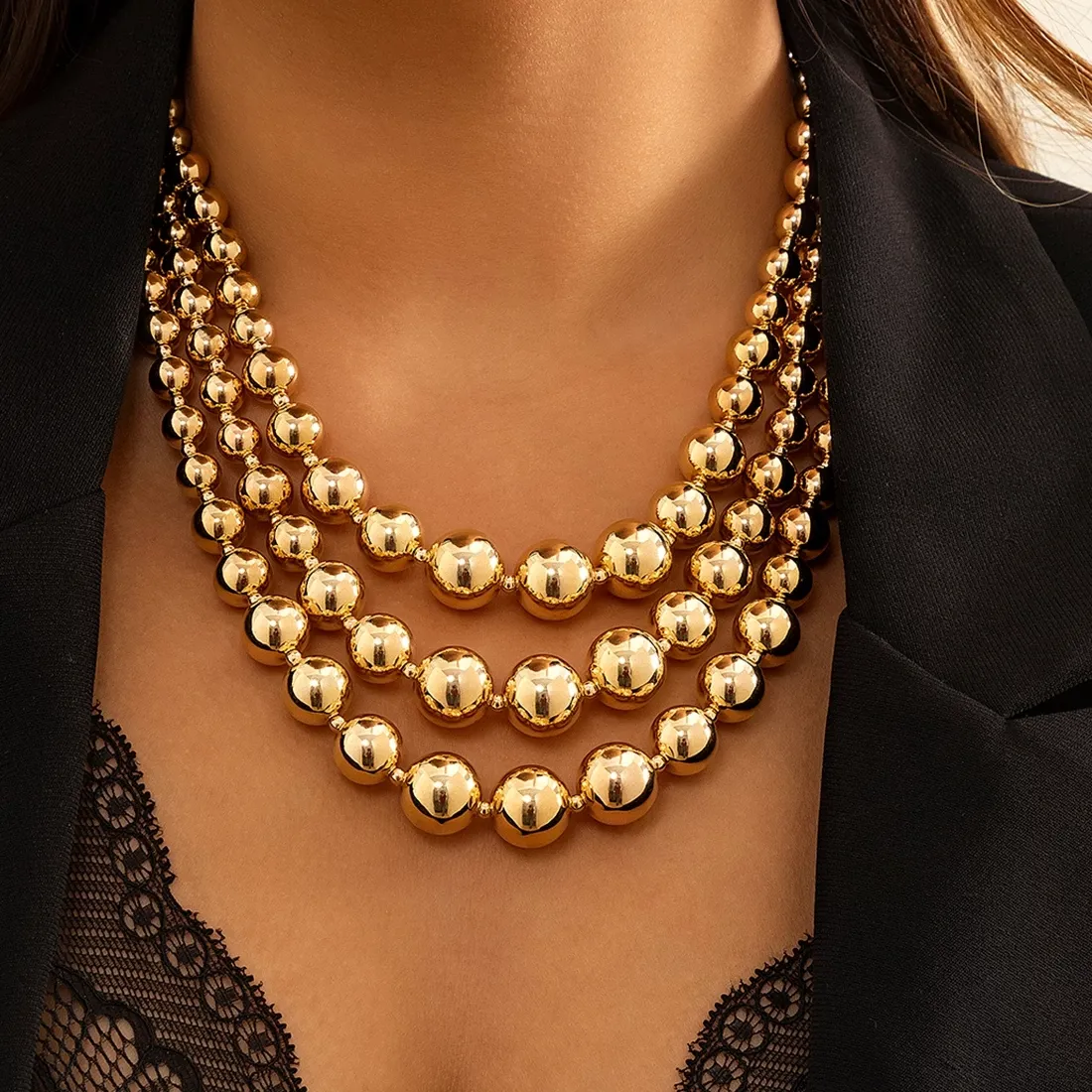 Authentic IngeSight.Z Vintage Exaggerated Plastic Big Ball Choker Necklace for Women Multi Layered Chunky Thick Clavicle Necklaces Jewelry