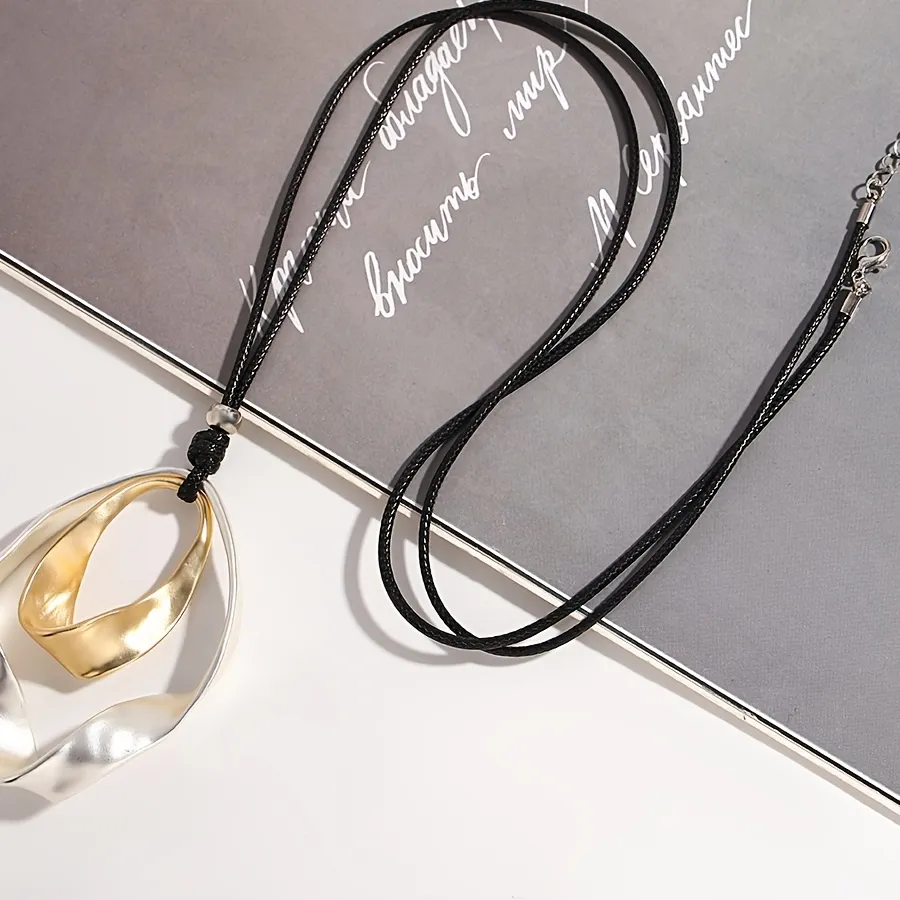 Authentic ALLYES Irregular Two Tone Geometric Circle Pendant Necklace Vintage Long Black Leather Necklaces Sweater Chain Jewelry Gifts