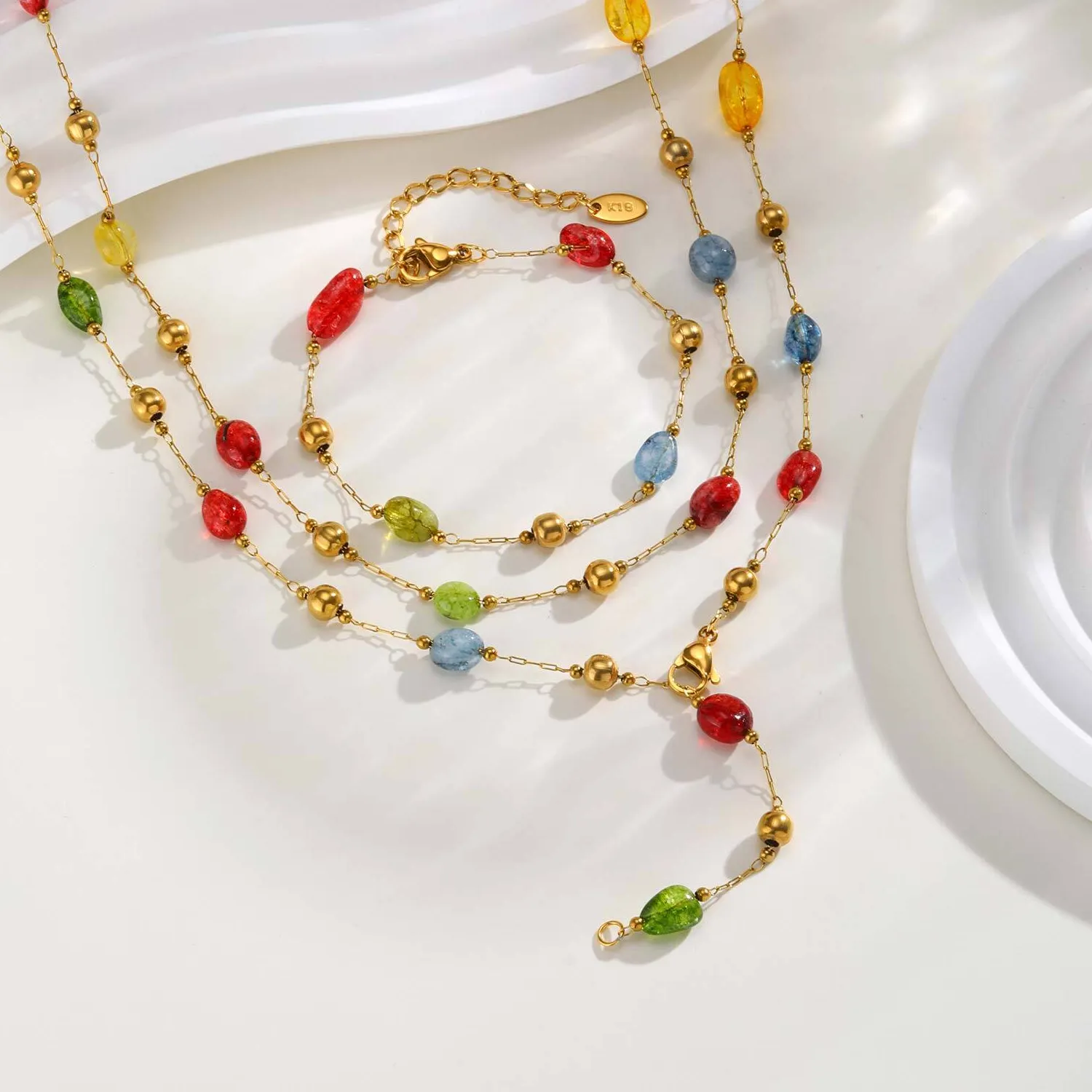 Authentic Lariat Y-drop Long Necklace for Women, Multipcolor Nature Stone Pendant, Stainless Steel Chain Adjustable Jewelry