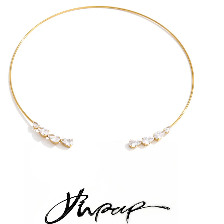 Authentic Yhpup Stainless Steel Cubic Zirconia Torques Necklace for Women Summer Delicate Trending Arrivals Aesthetic Golden Jewelry