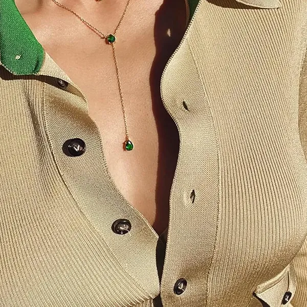 Authentic High Quality 18K Gold Plated Green Tear Drop Cubic Zirconia Double Layer Choker Long Y Lariat Necklace Sexy Women Jewelry