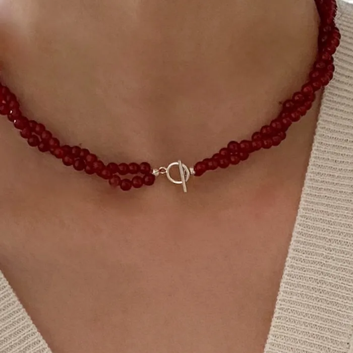 Authentic Minar Handmade Red Color Agate Natural Stone Twist Rope Chain Double Layers Beaded Necklace for Women Silver Toggle Clasp Choker