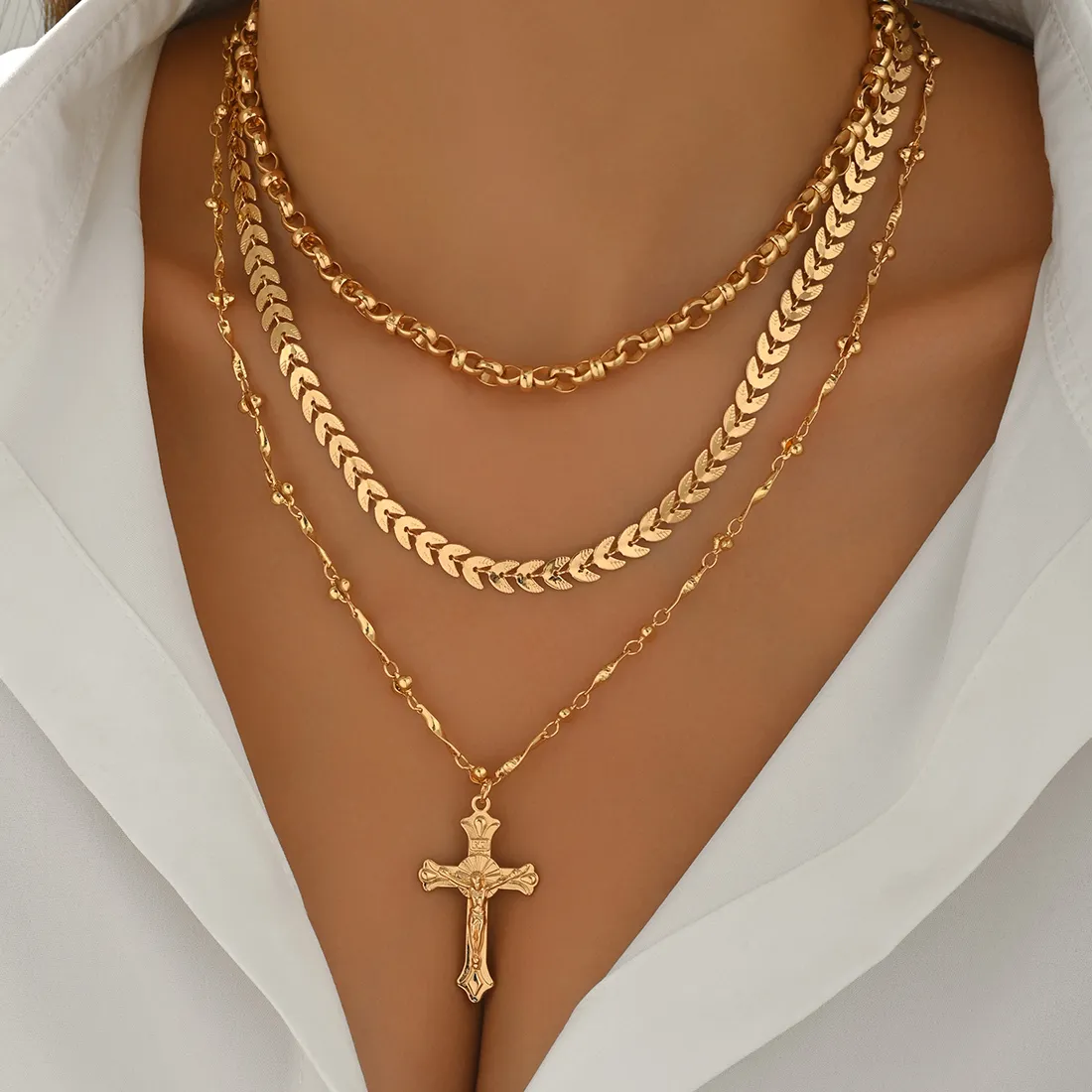 Authentic 3Pcs Layered Rosary Cross Necklace Vintage Gold Silver Tone Adjustable Religious Jewelry for Women Daily Wear