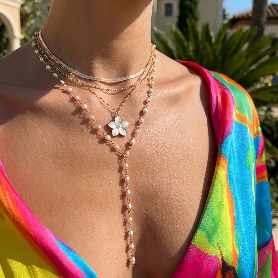 Authentic Sexy Layered Y Drop Lariat Necklace for Women Gold Color White Enamel Flower Faux Pearl Beaded Date Night Evening Jewelry