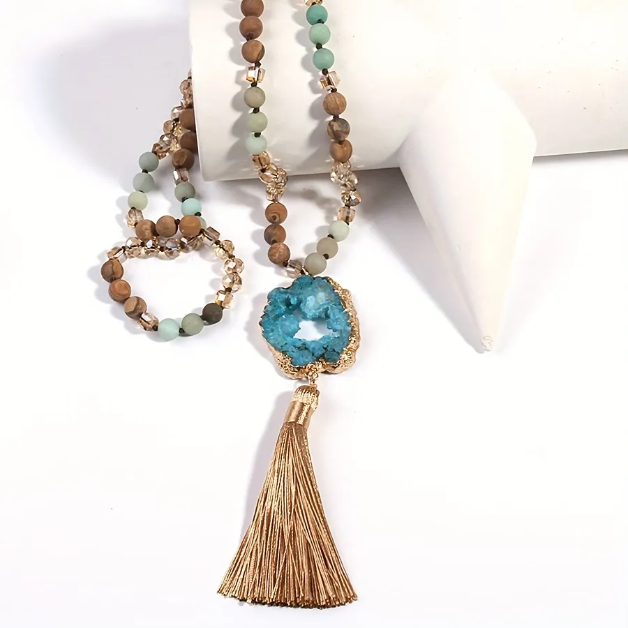 Authentic Bohemian Jewelry Semi Precious Stones Knotted Druzy Stone Links Tassel Necklaces For Women Boho Necklace