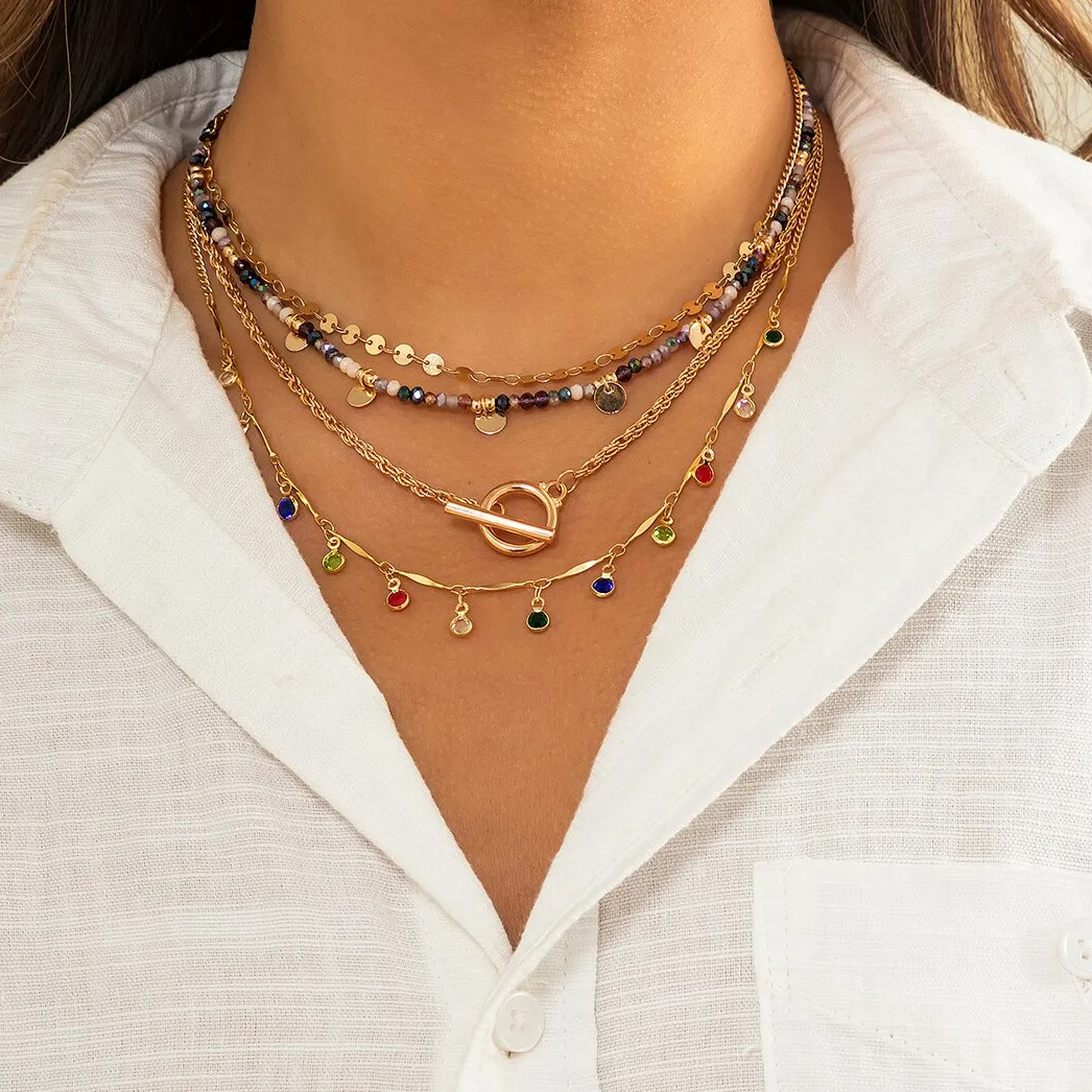 Authentic 4Pcs/Set Boho Colorful Crystal Sequin Tassel Pendant Choker Necklace for Women Trendy Summer Vintage OT Buckle Chain Y2K Jewelry