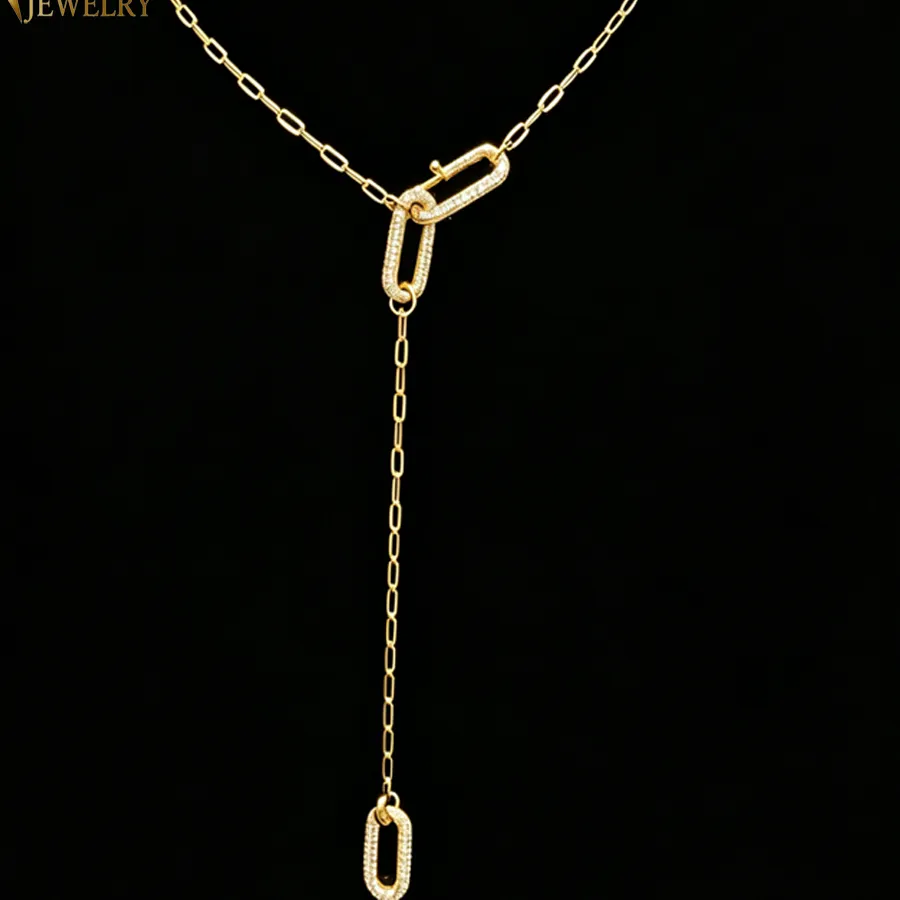 Authentic Gold Color Geometry Rectangle Y Lariat Necklace Paved Bling CZ For Women Fashion High Quality Jewelry