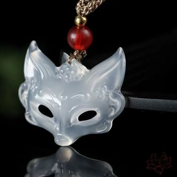 Authentic The Kitsune Spirit: Ethereal Ice Agate and Jade Fox Mask Talisman