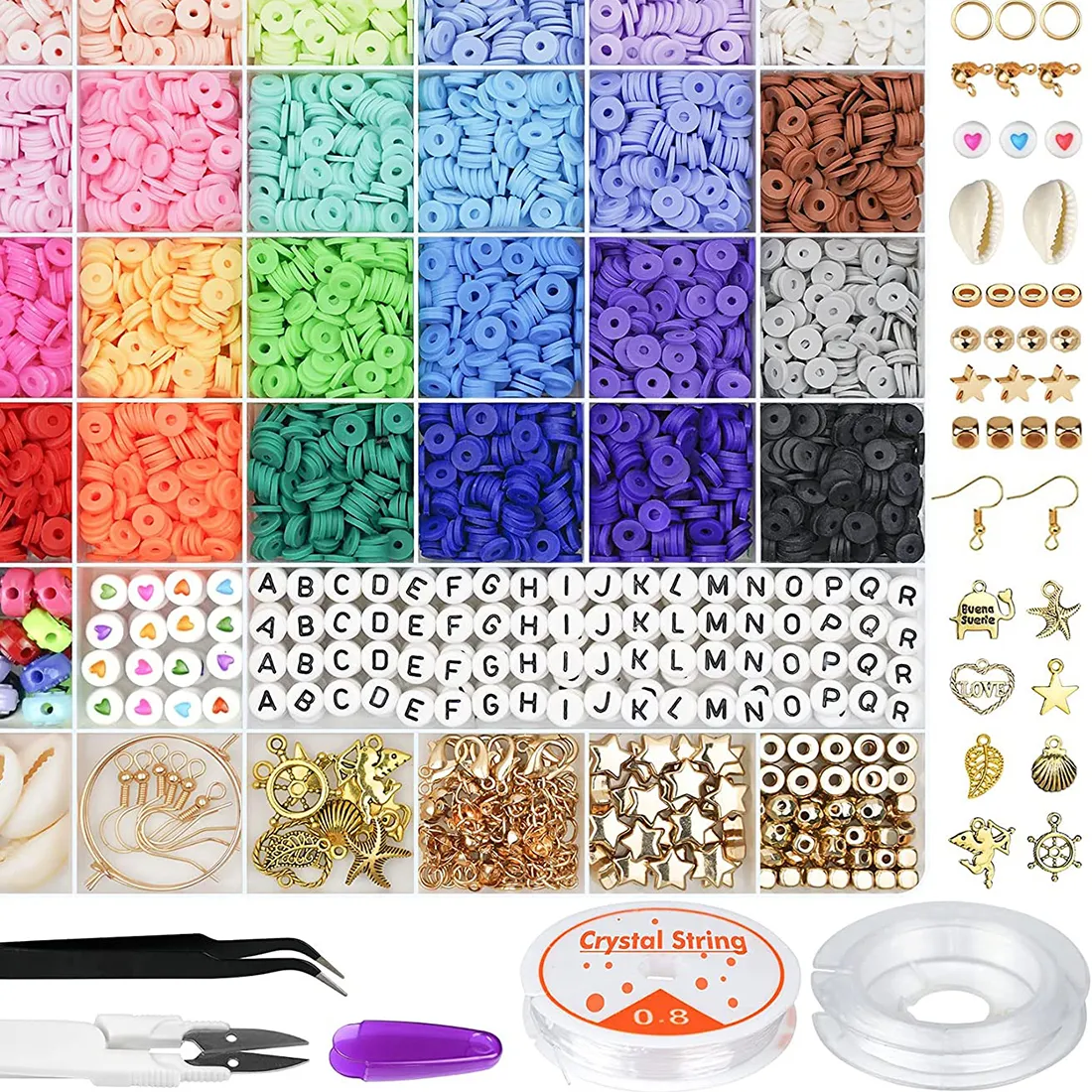 Authentic 6000 Pcs 24 Colors Flat Round Polymer Clay Beads 6mm Spacer with Pendant Charms Kit and Elastic Strings for Jewelry Making Kit