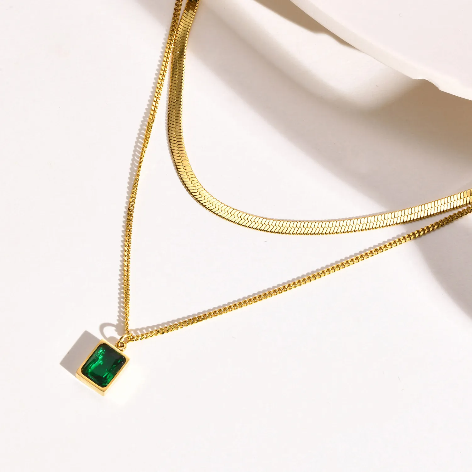 Authentic Layering Necklace for Women, Gold Plated Stainless Steel Green Zirconia Rectangle Pendant, Herringbone Chain Choker, Set 2Pcs