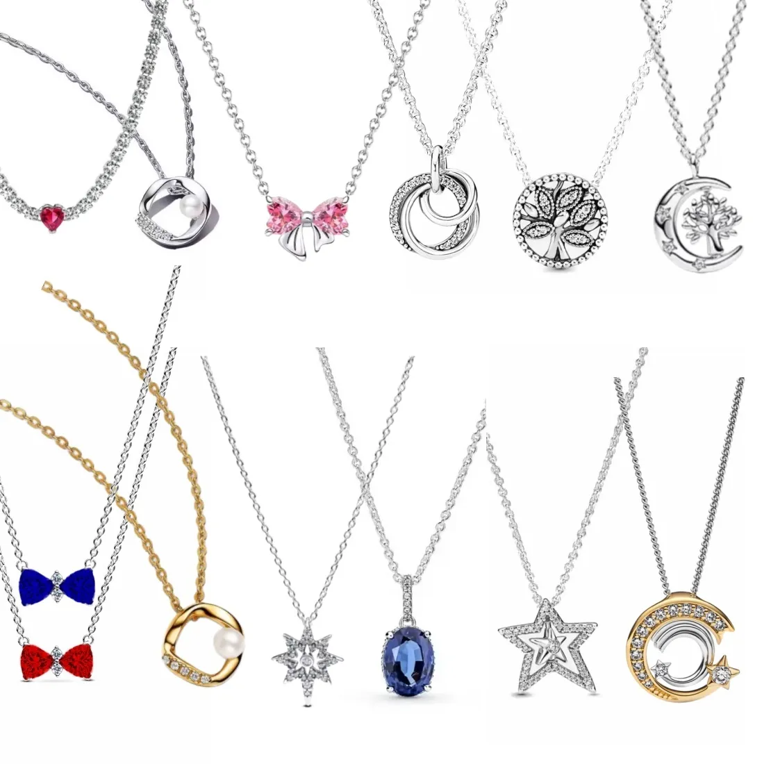 Authentic Exquisite 925 Silver Heart shaped Moon Bow Life Tree Necklace Suitable for DIY Women's Party Valentine's Day Anniversary