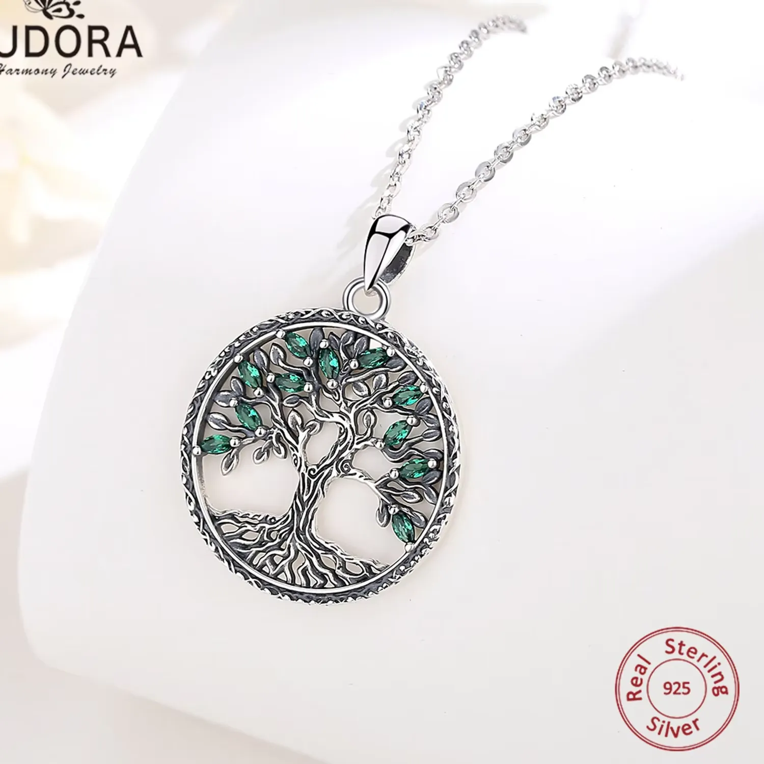 Authentic Eudora 925 Sterling Silver Tree Of Life Necklace Green Zircon Yggdrasil Pendant Tree Jewelry For Mom And Grandma