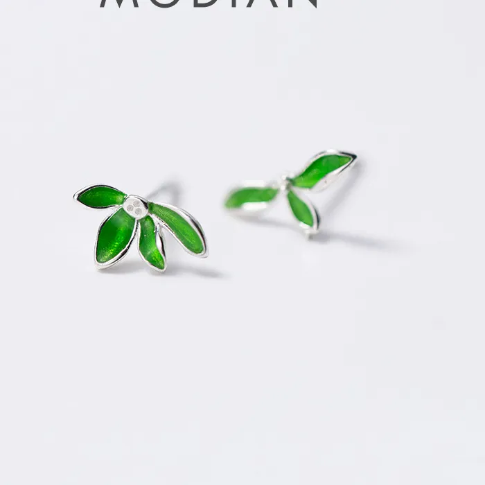Authentic Modian Green Enamel Leaves Stud Earrings Lady 925 Sterling Silver Tree Of Life Prevent Allergy Jewelry Brinco