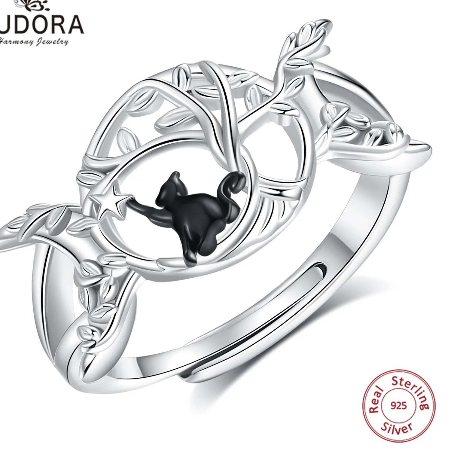 Authentic Eudora 925 Sterling Silver Witch Black Cat Adjustable Ring Tree of Life Triple Moon Star Ring Wicca Pagan Jewelry for Women