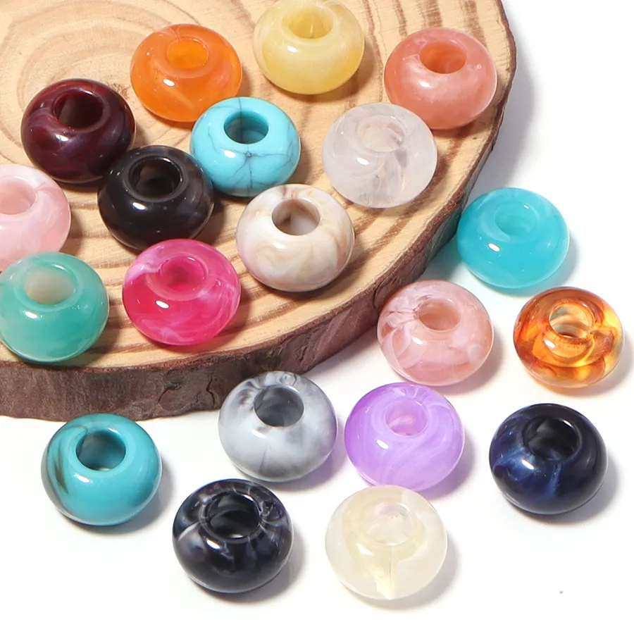 Authentic 50pcs Imitation Jade Stone Acrylic Beads Flat Round Big Hole Spacer Beads For Jewelry Making DIY Crafts Keychain Accessories