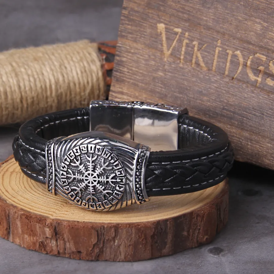316L Viking Vegvisir Compass Pendants Bangle Nose Runes Jewelry Odin Symbol Leather Bracelet