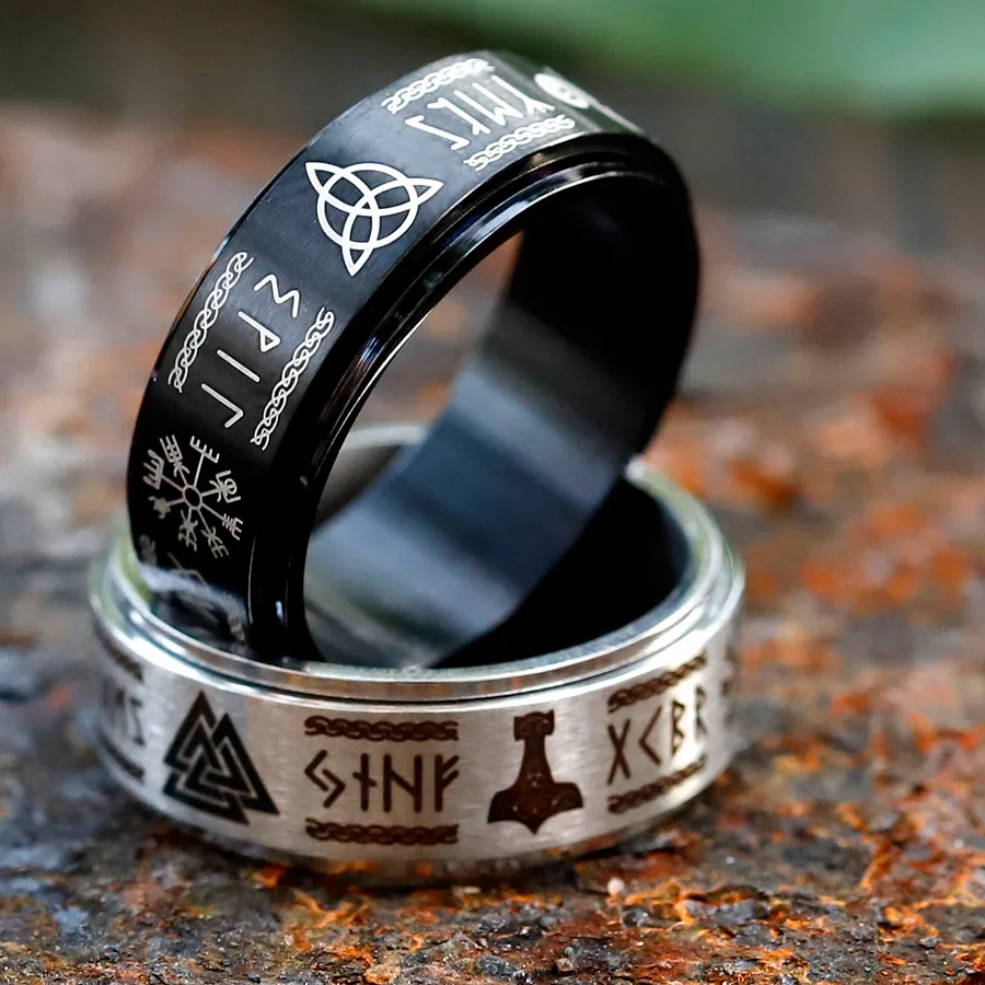 Authentic The Northern Compass - Viking Vegvisir and Valknut Rune Ring in Gold-Plated 316L Steel