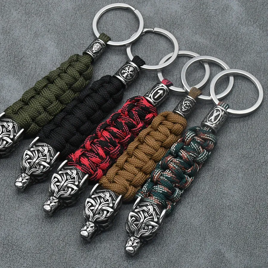 Authentic Handmade Vintage Viking Wolf Head Survival Keychain Men Charm Rune Vegvisir Celt Wolf Keyring Stainless Steel Paracord  Jewelry