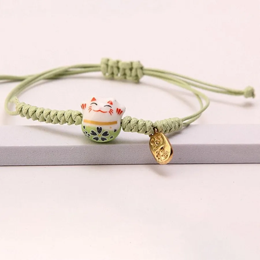 Authentic Ceramic Cat Pendant Maneki Neko Bracelet Hand Rope Chinese Style Red Braided Rope Handmade Jewelry Accessories Women Hand Ring