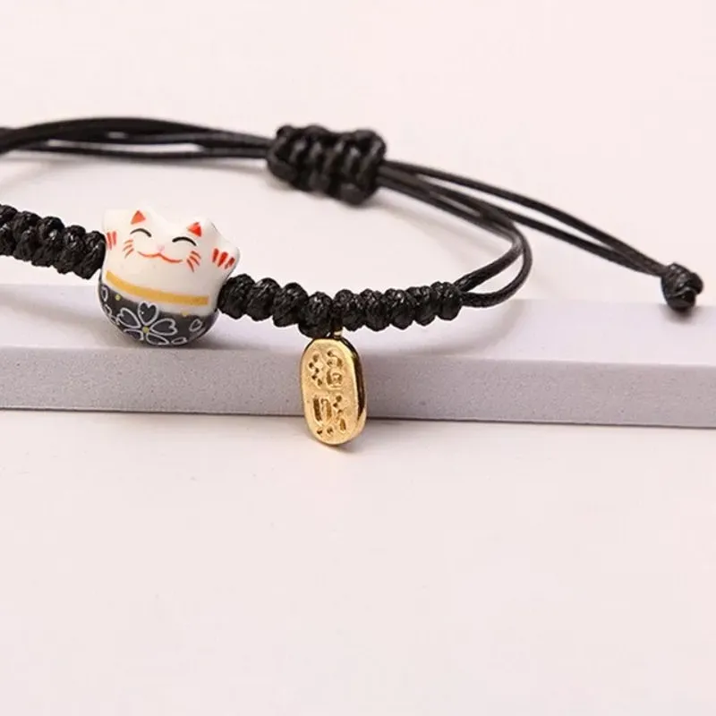 Authentic Ceramic Cat Pendant Maneki Neko Bracelet Handmade Hand Rope Red Braided Rope Chinese Style Jewelry Accessories Women Hand Ring