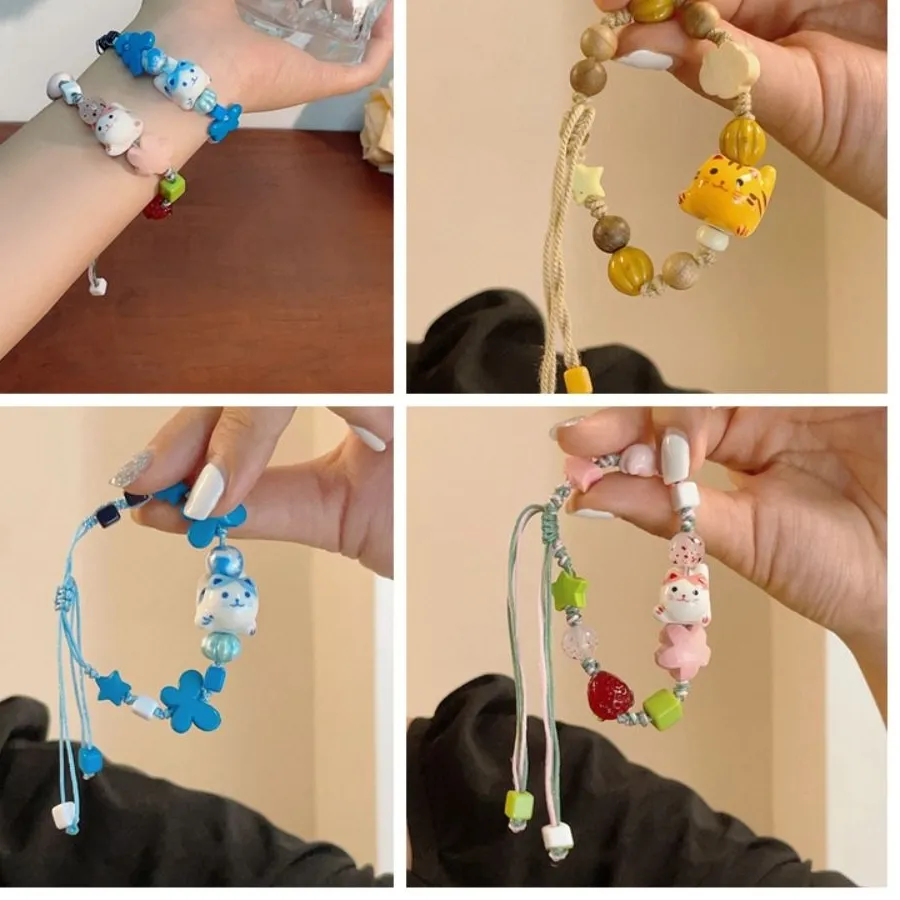 Authentic Handmade Ceramic Cat Bracelet Lucky Cat Liuli Bead Maneki Neko Bracelet Korean Style Jewelry Accessories Cat Bead Bracelet Girls