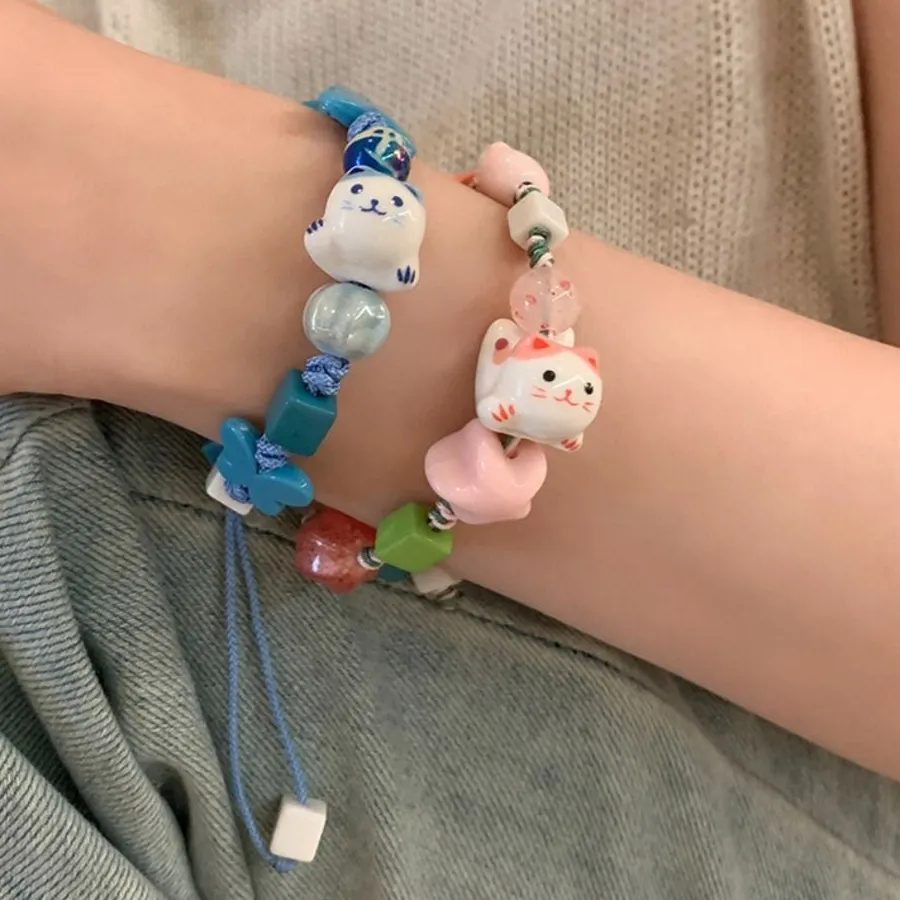Authentic Maneki Neko Fortune Bracelet - Ceramic Cat Charm with Liuli Beads for Prosperity and Luck