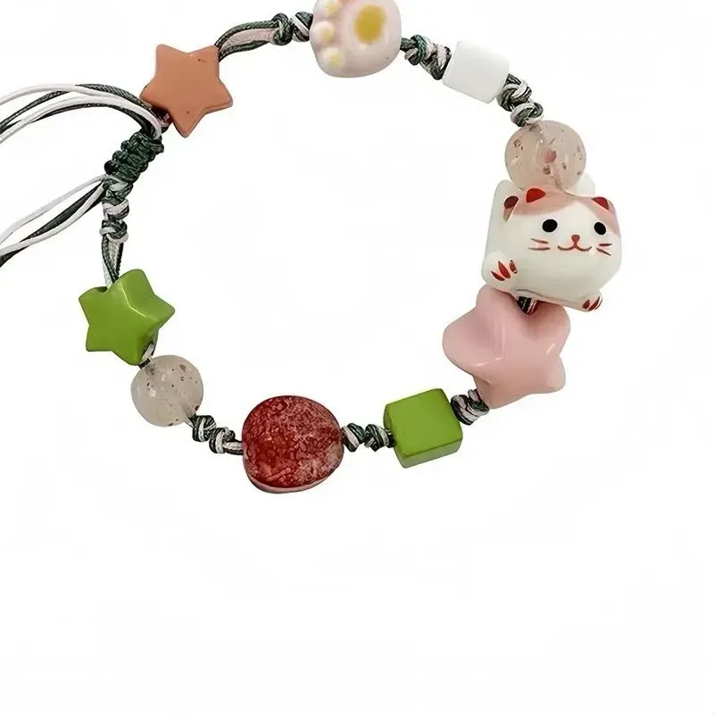 Authentic Handmade Ceramic Cat Bracelet Korean Style Lucky Cat Maneki Neko Bracelet Liuli Bead Jewelry Accessories Cat Bead Bracelet