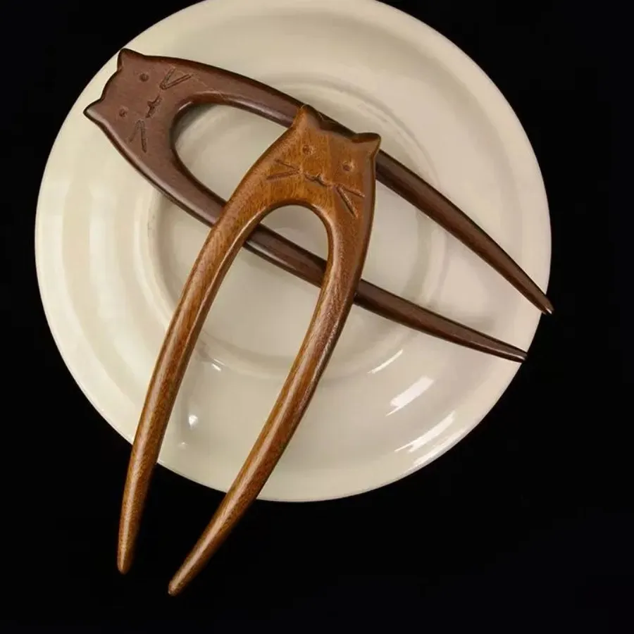 Authentic Sandalwood Bear‑Cat U‑Shaped Hairpin: A Whisper of Protection